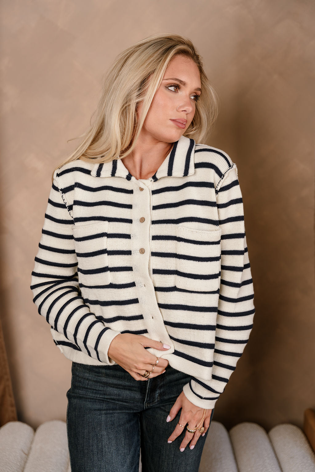 Thea Cream & Navy Stripe Knit Cardigan- front top view