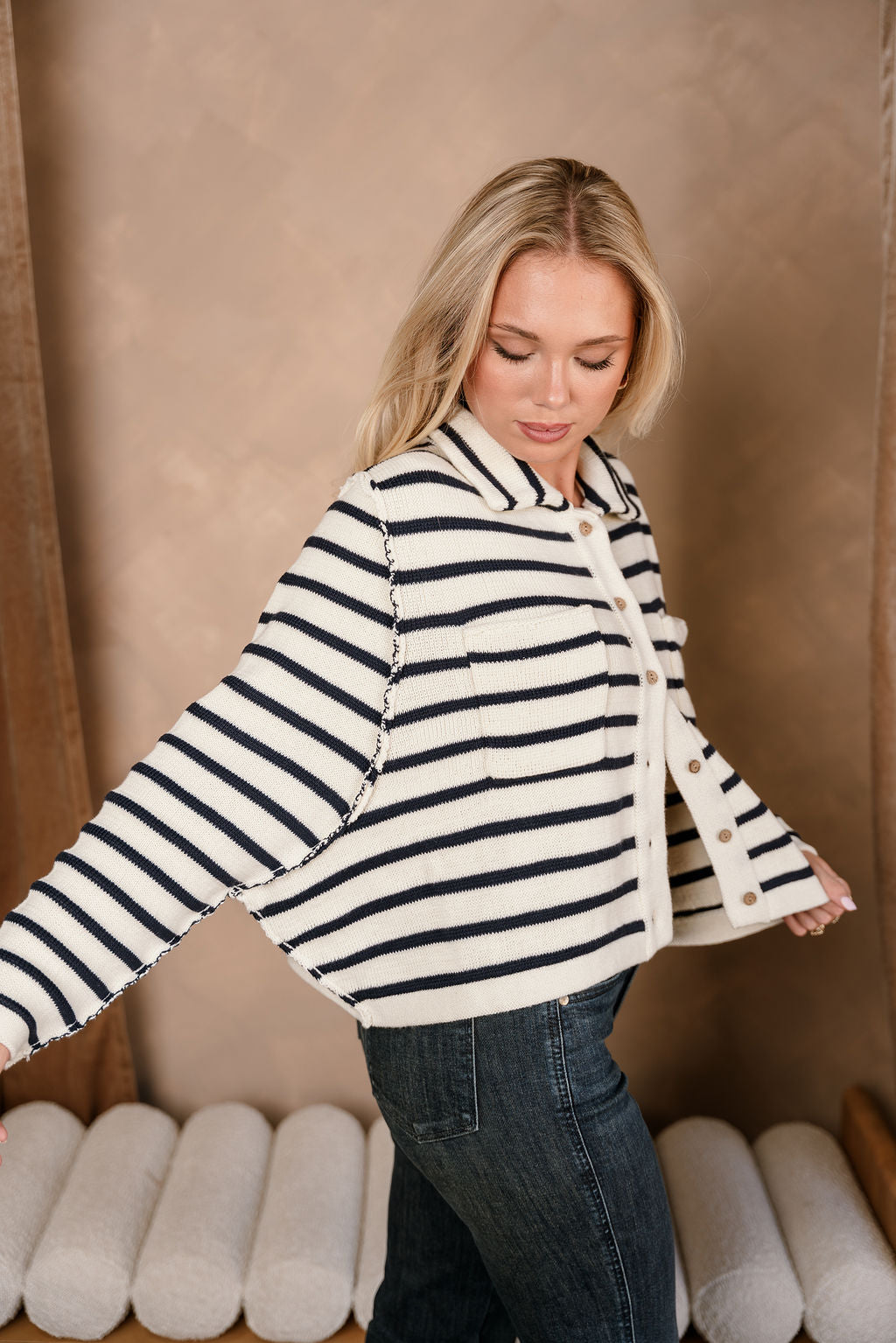 Thea Cream & Navy Stripe Knit Cardigan- frontal side close up view