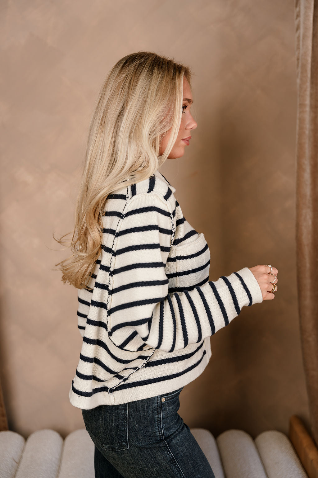 Thea Cream & Navy Stripe Knit Cardigan- close up side view