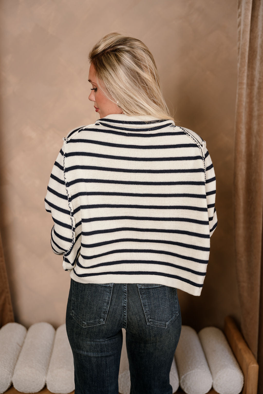 Thea Cream & Navy Stripe Knit Cardigan- back view