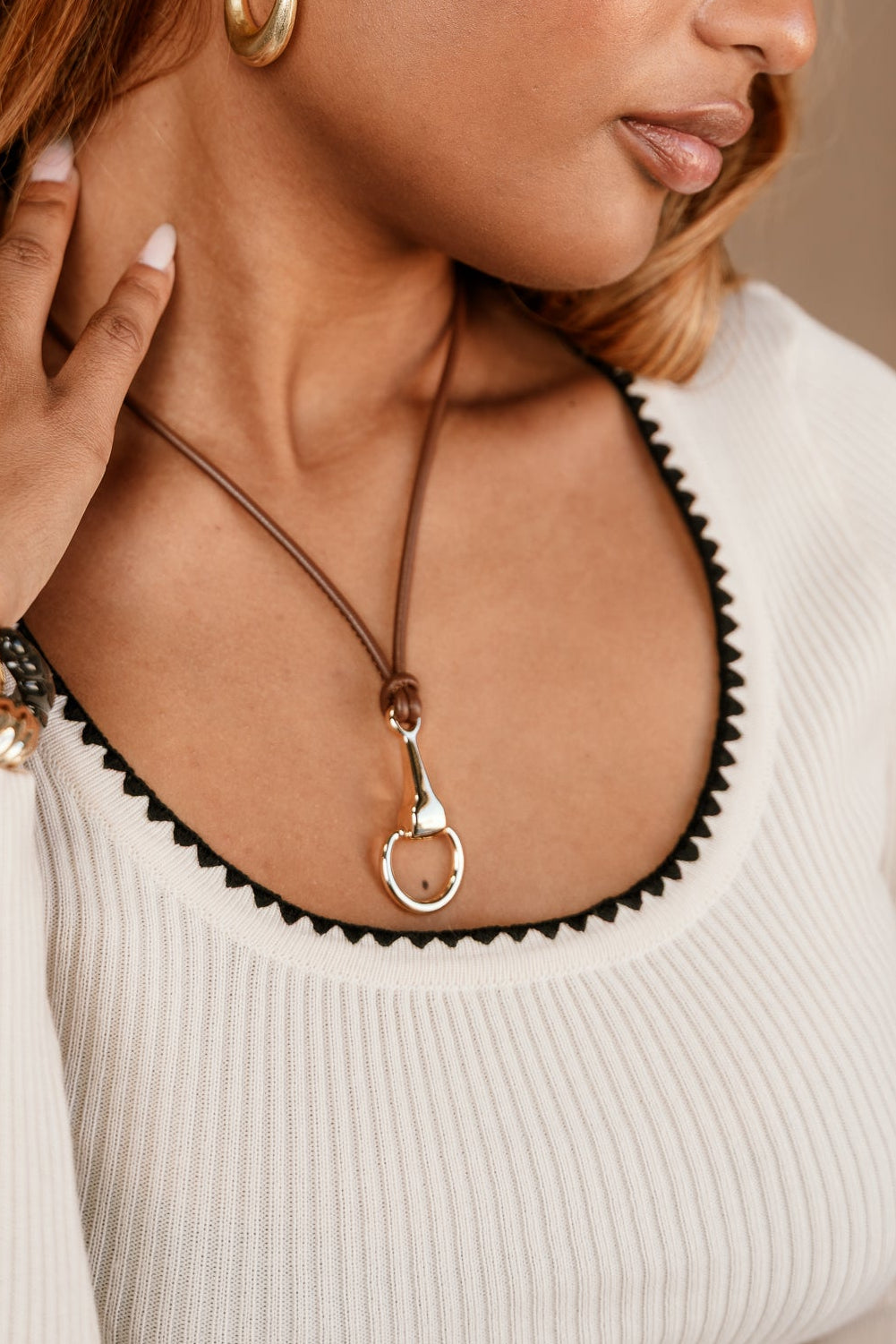 Monroe Brown Leather & Gold Necklace - close up view