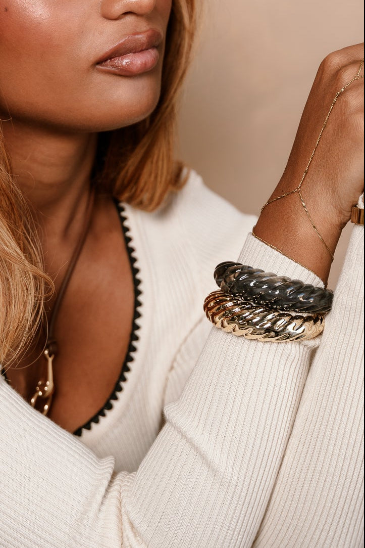 Renee Grey & Gold Roped Bangle Set - close up of both colors on model