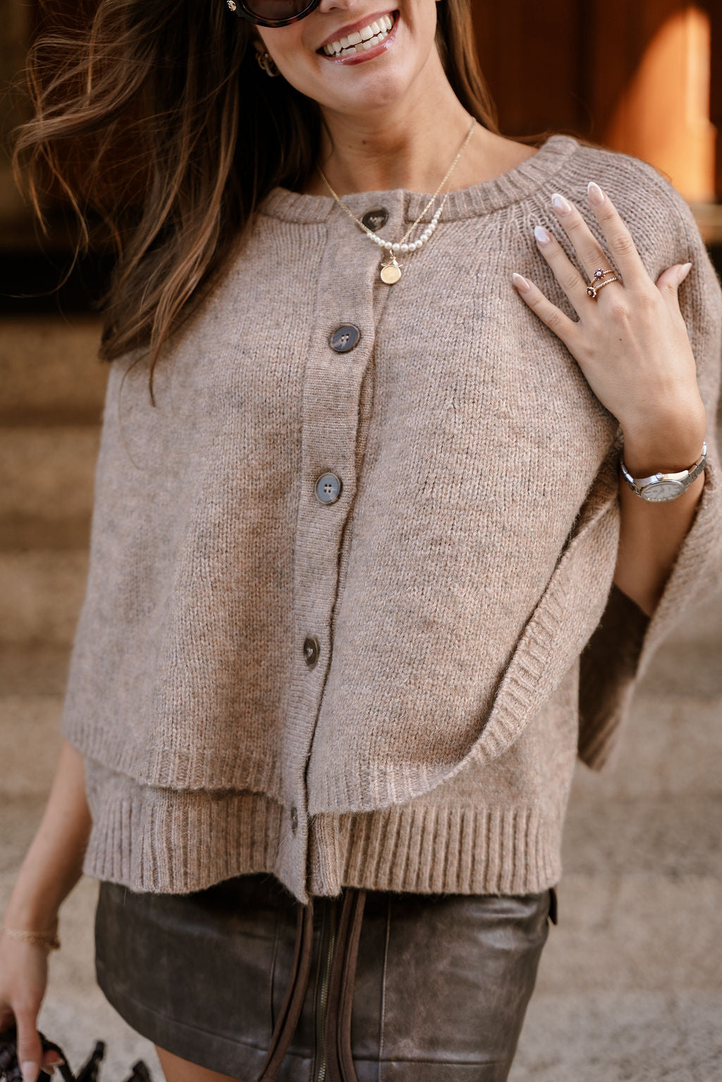 Freya Taupe Knit Cape Cardigan- front top view