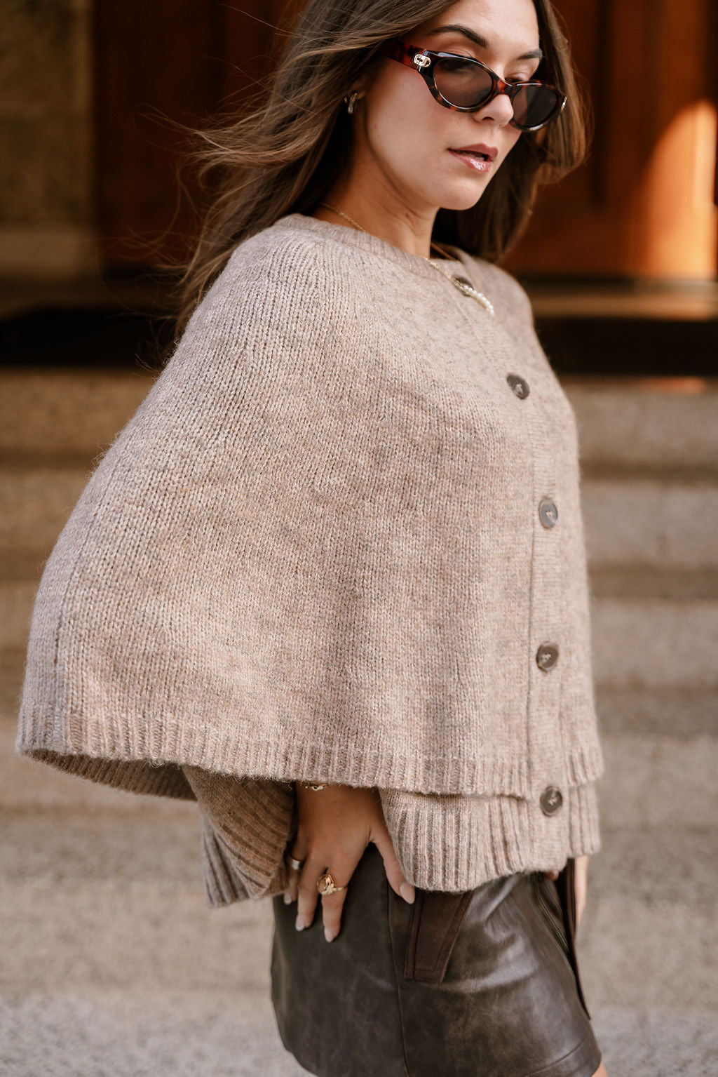 Freya Taupe Knit Cape Cardigan- frontal side view