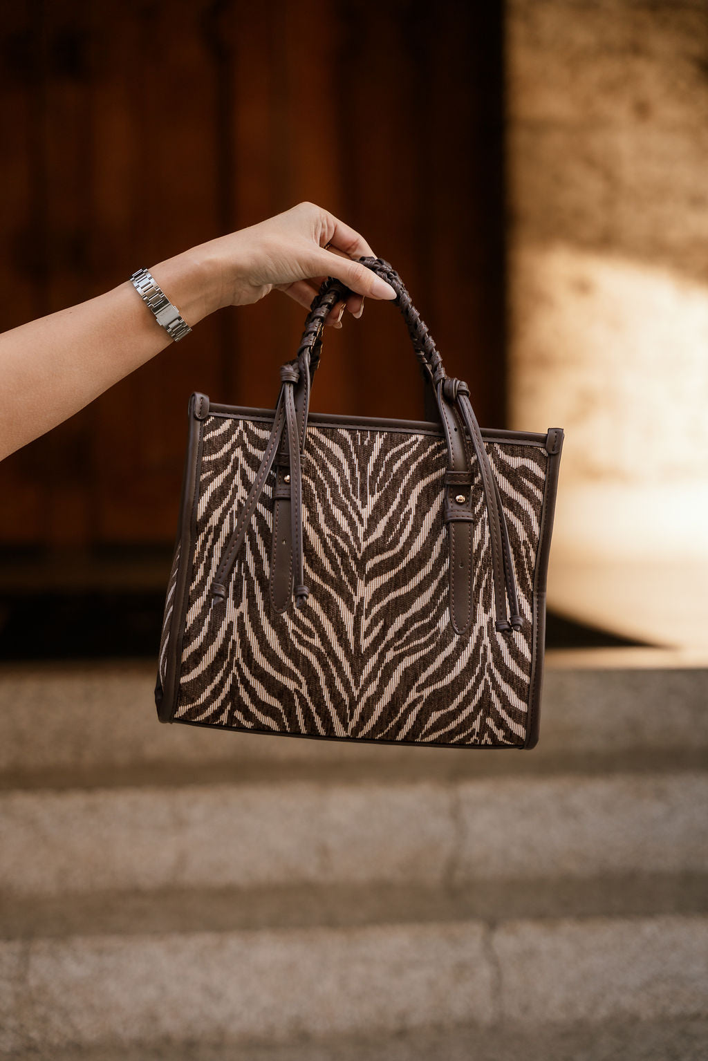 Dinsdale Chocolate Brown & Cream Zebra Purse- front view being held