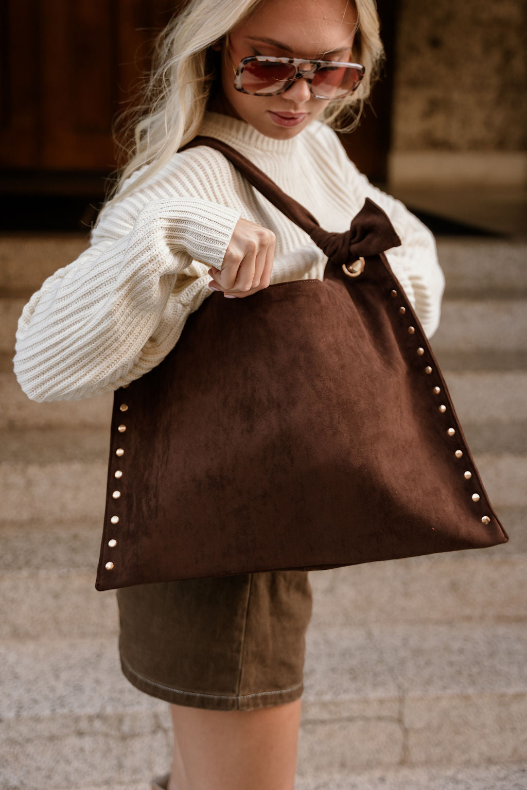Sophia Dark Brown Suede & Studs Tote- shown on model's shoulder
