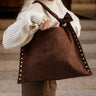 Sophia Dark Brown Suede & Studs Tote- shown on model's shoulder