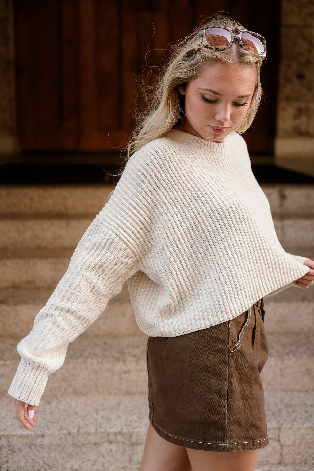 Wren Cream Knit Long Sleeve Sweater- frontal side view