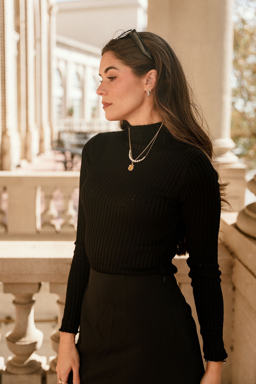 Mia Black High Neck Knit Top- close up side view