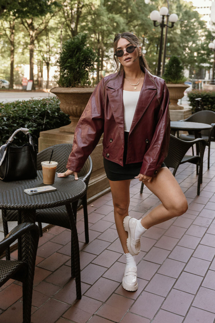 Solana Burgundy Faux Leather Jacket- full body view