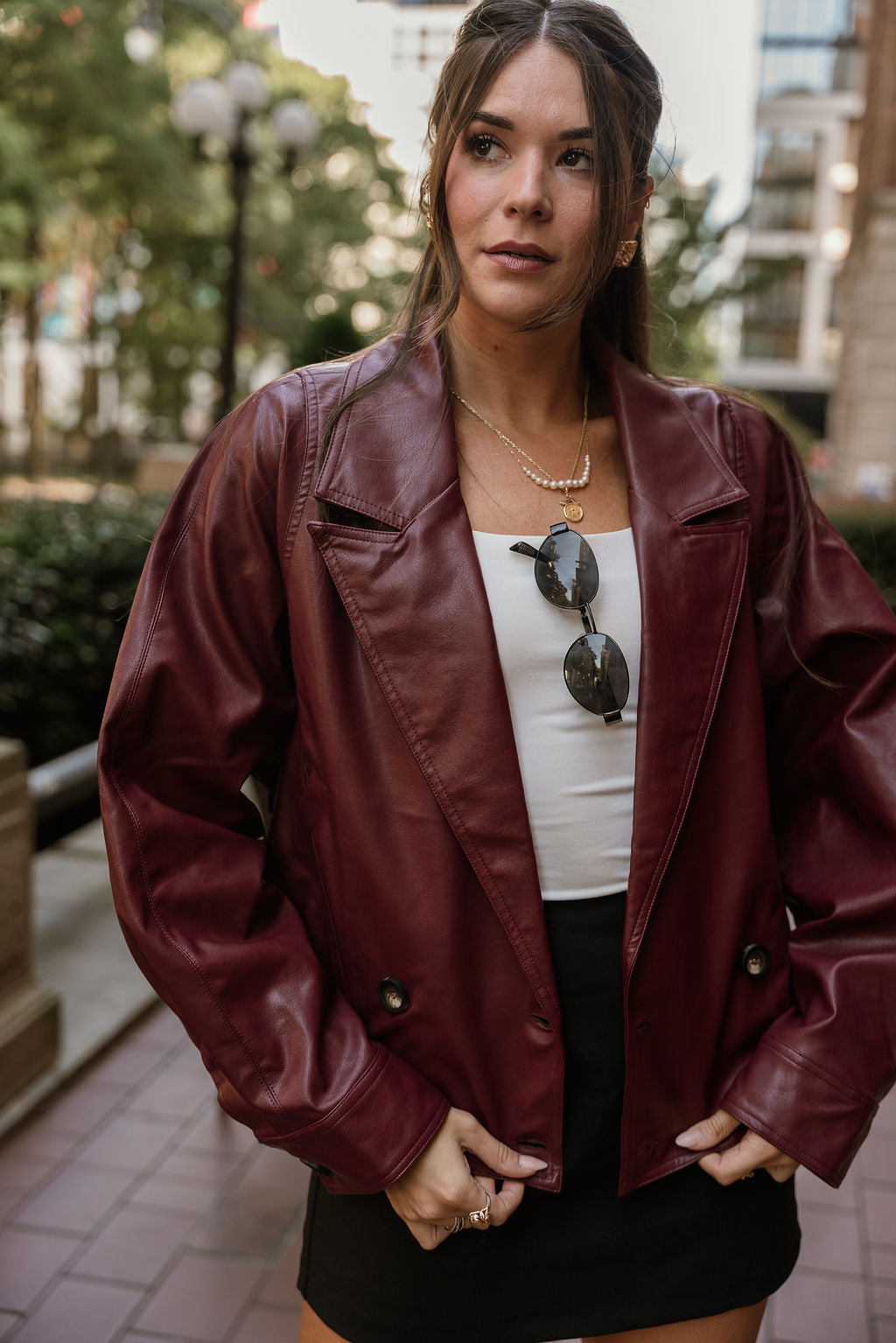 Solana Burgundy Faux Leather Jacket- front close up view