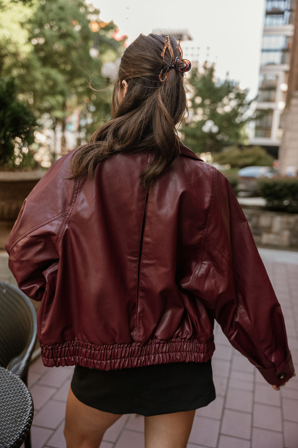Solana Burgundy Faux Leather Jacket- close up back view