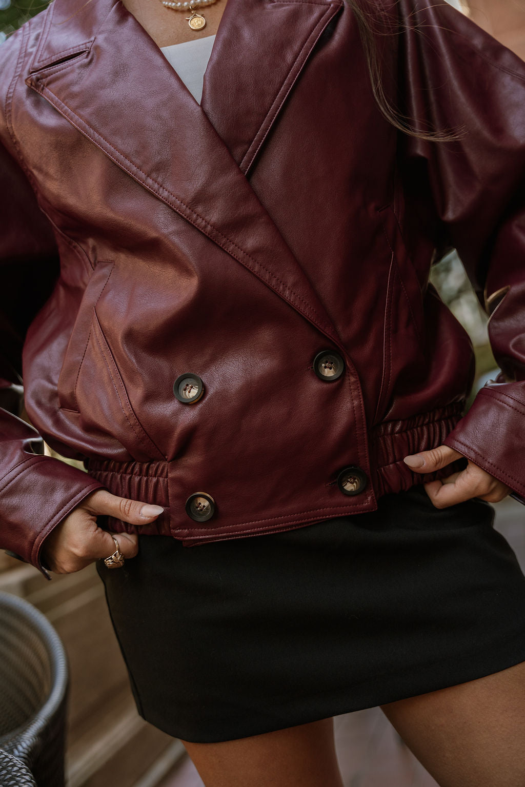 Solana Burgundy Faux Leather Jacket- close up details view