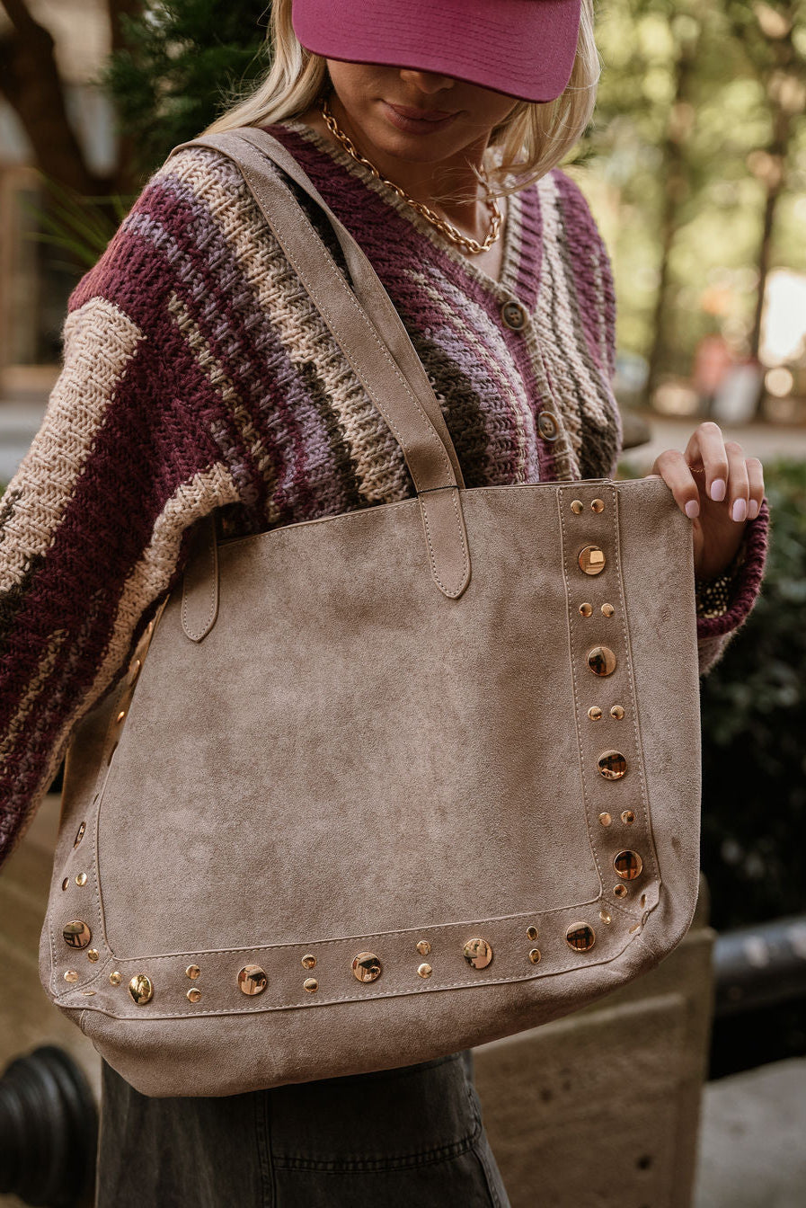 Angela Taupe Suede & Studs Tote - close up on model
