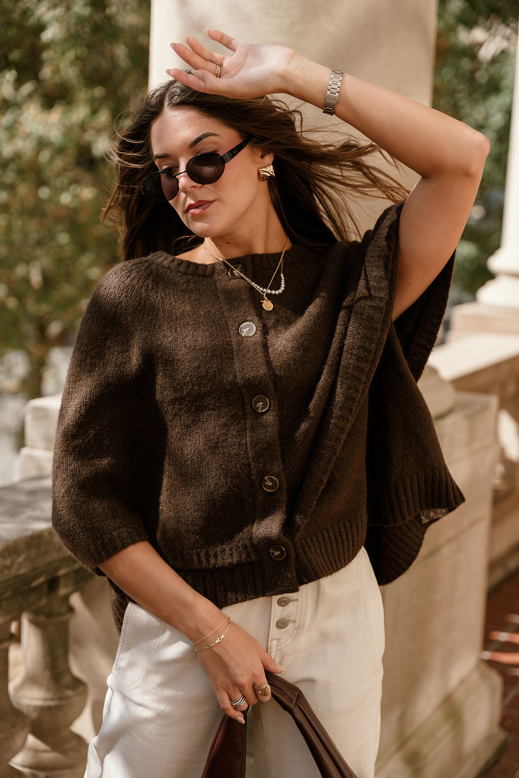 Freya Dark Brown Knit Cape Cardigan- front view