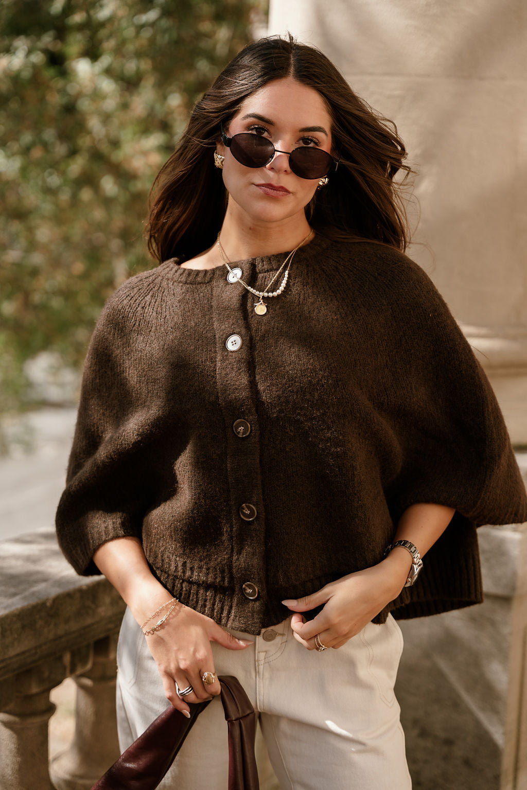 Freya Dark Brown Knit Cape Cardigan- front top view