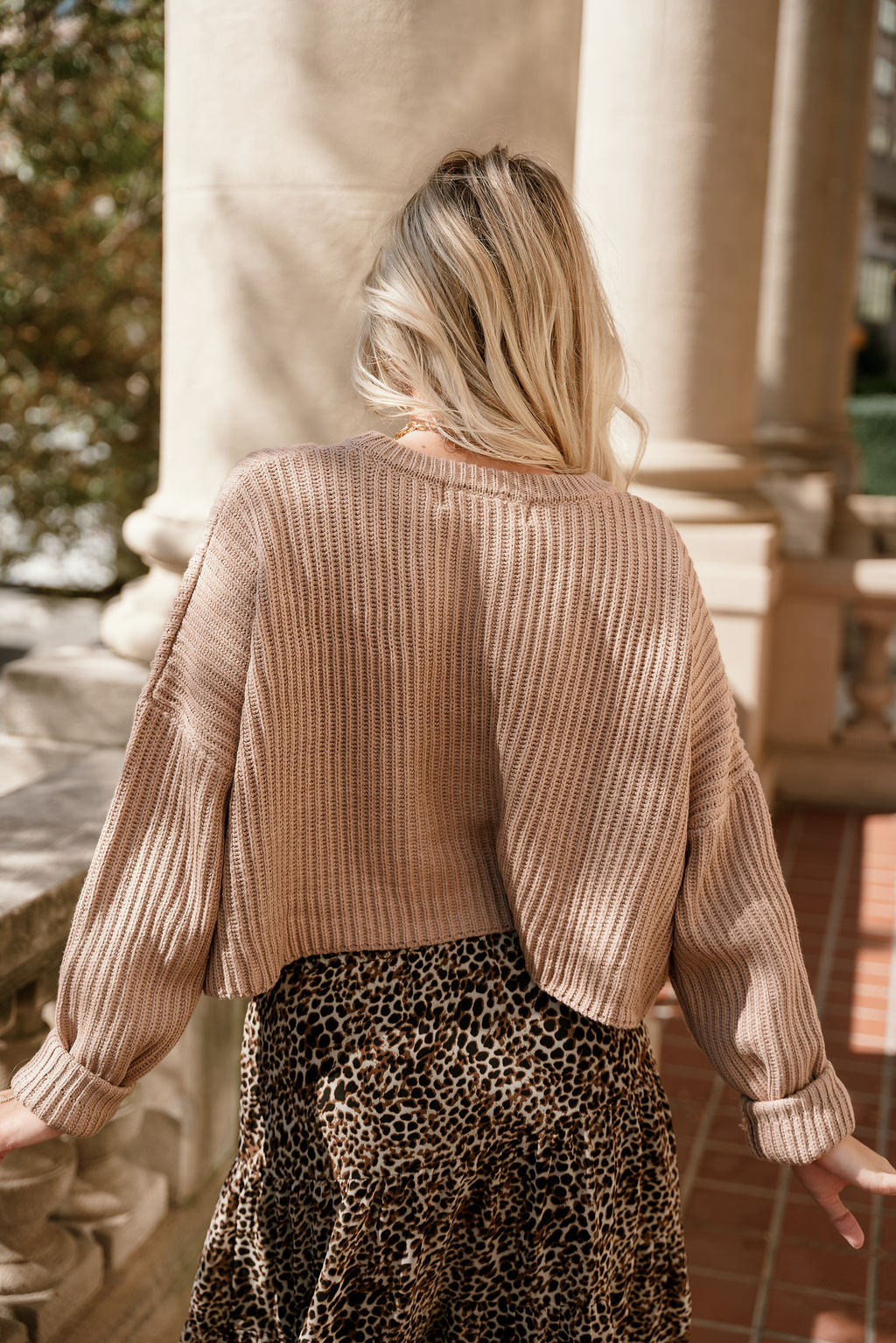 Wren Dark Taupe Knit Long Sleeve Sweater- close up back view