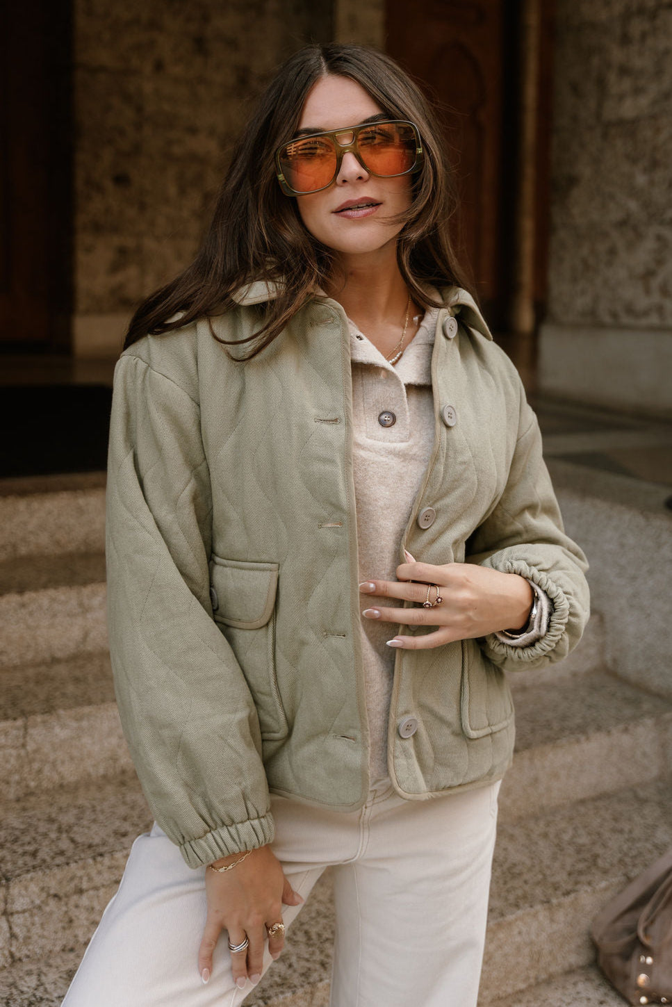 Brynn Light Olive Button-Up Jacket- front view
