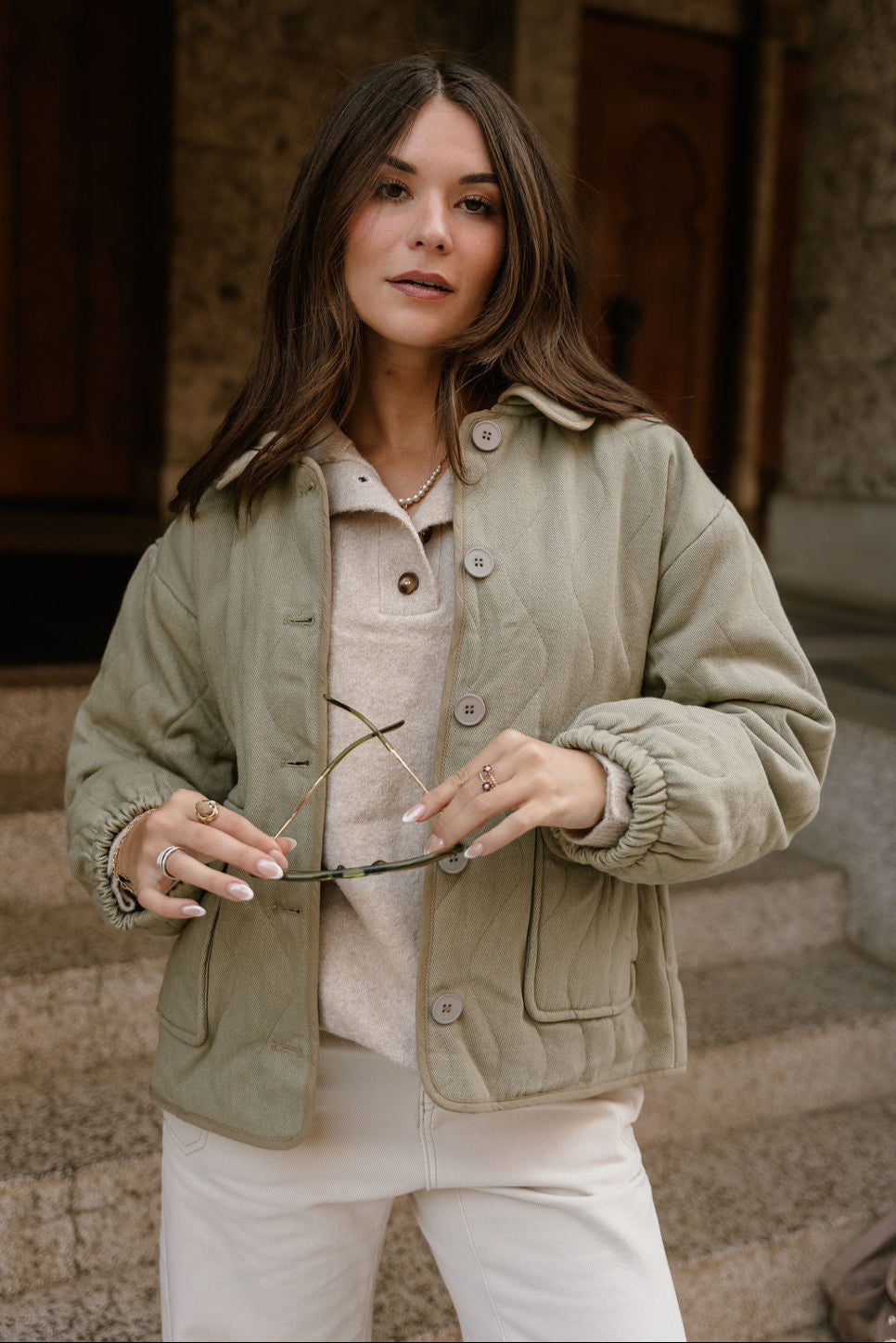 Brynn Light Olive Button-Up Jacket- front view