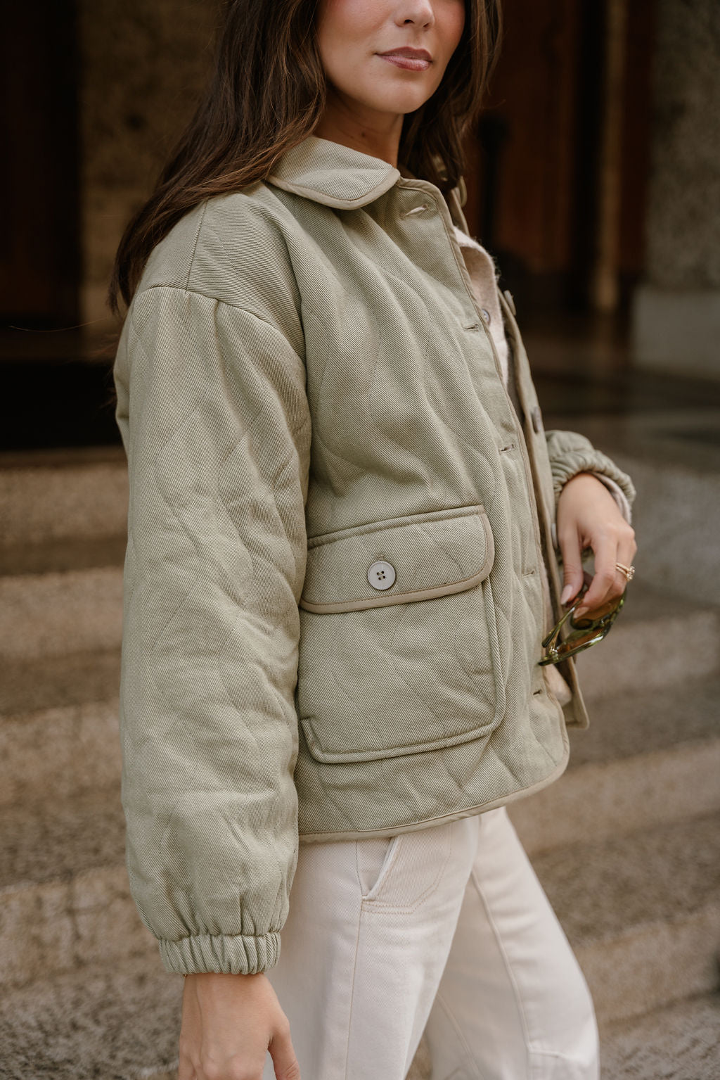 Brynn Light Olive Button-Up Jacket- close up side view