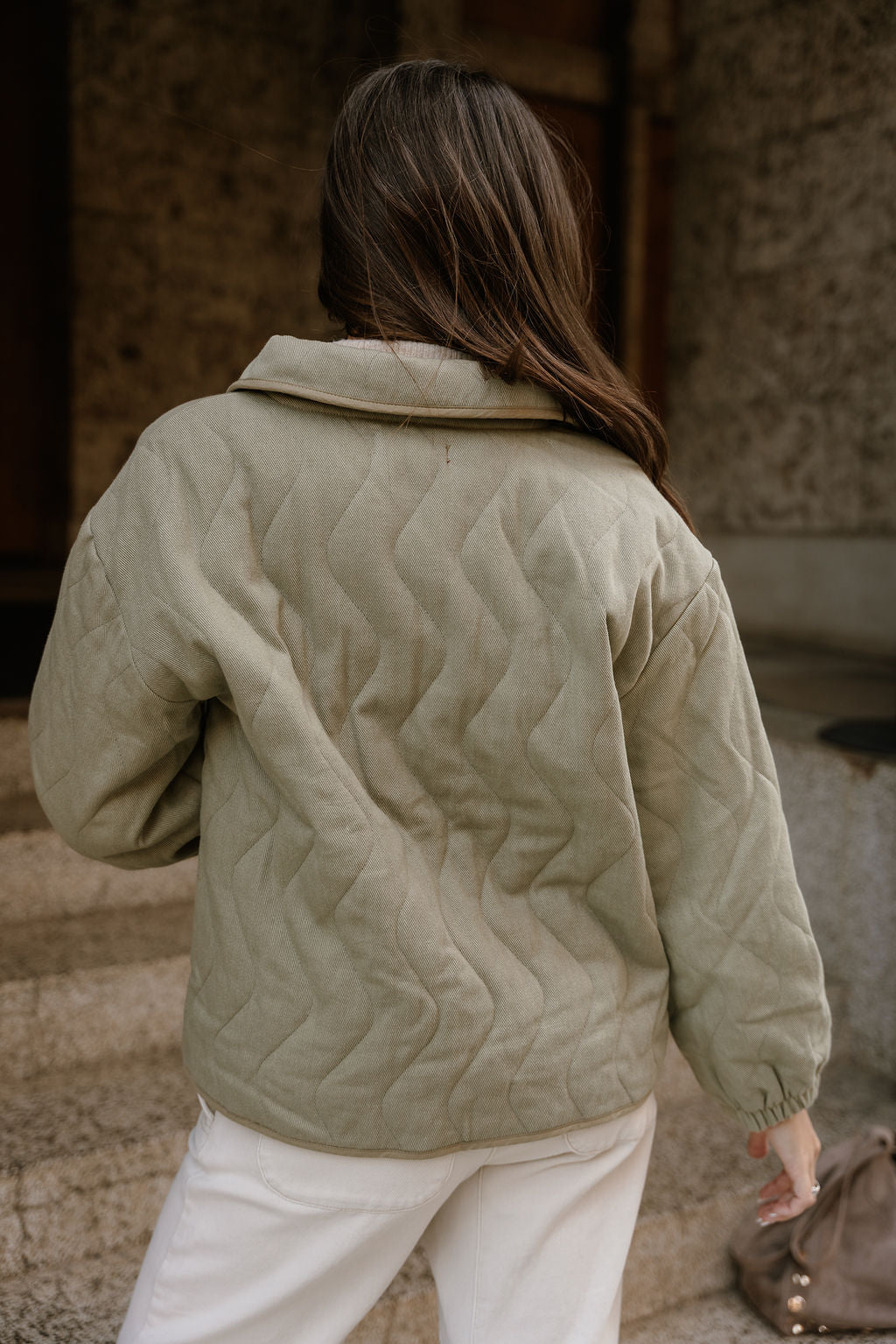 Brynn Light Olive Button-Up Jacket- back top view