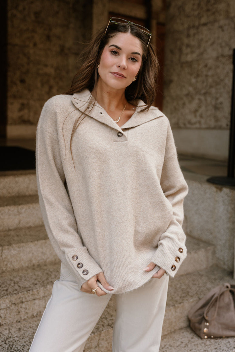 Marlowe Taupe Quarter Button-Up Sweater- front top view