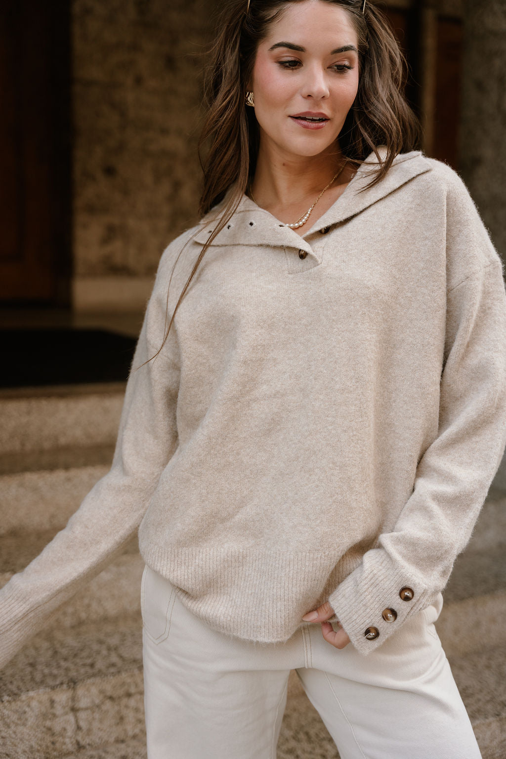 Marlowe Taupe Quarter Button-Up Sweater- front close up view