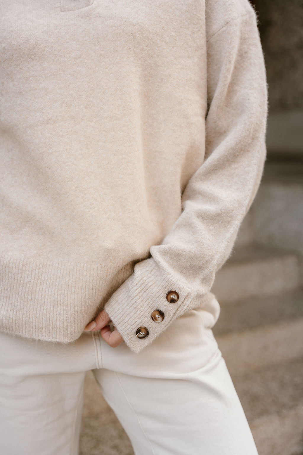 Marlowe Taupe Quarter Button-Up Sweater- close up details view