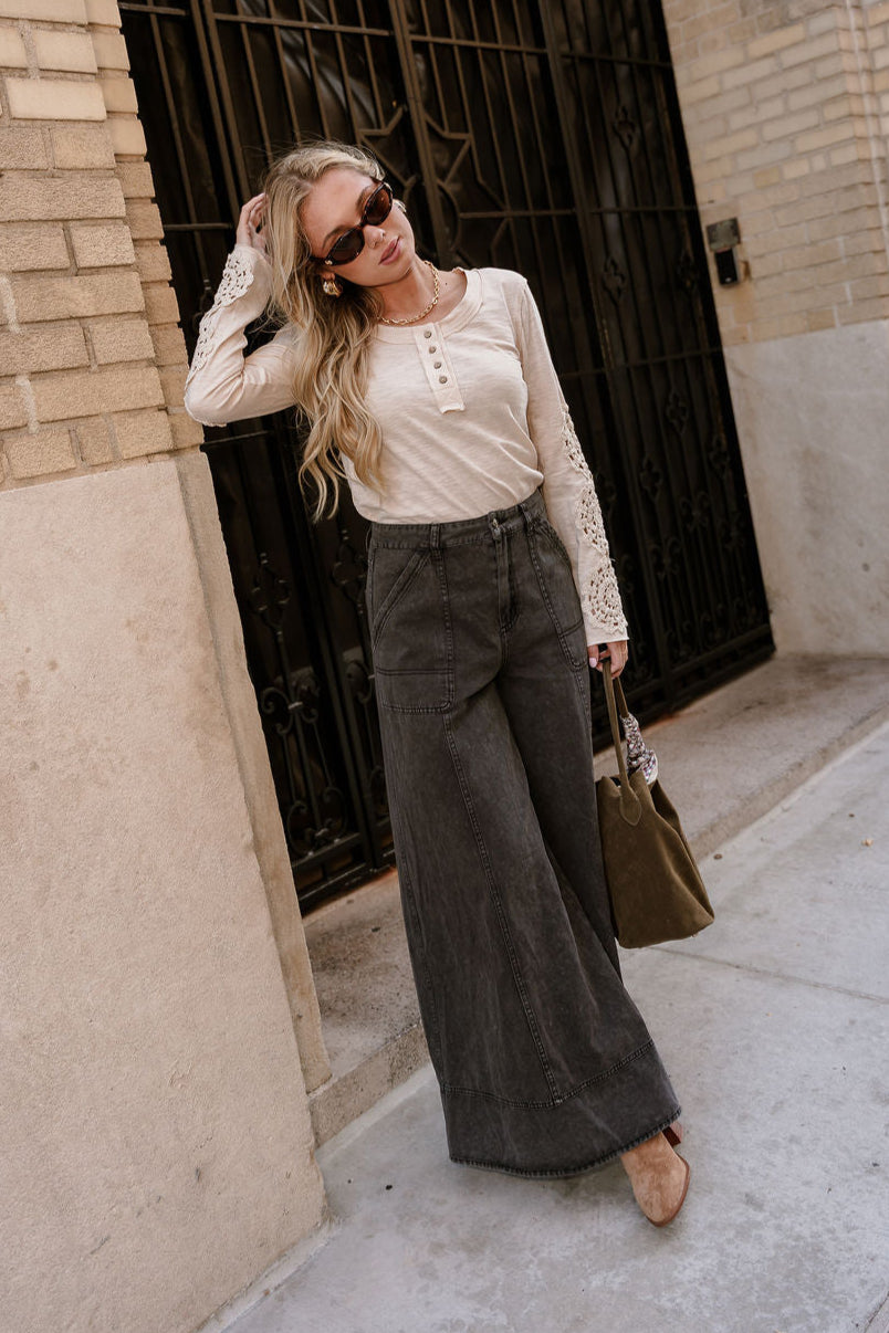 Freya Taupe Crochet Long Sleeves Top- full body view