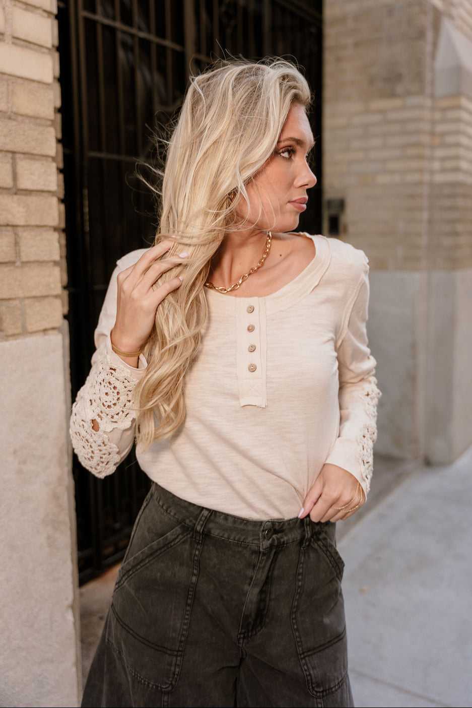 Freya Taupe Crochet Long Sleeves Top- front top view