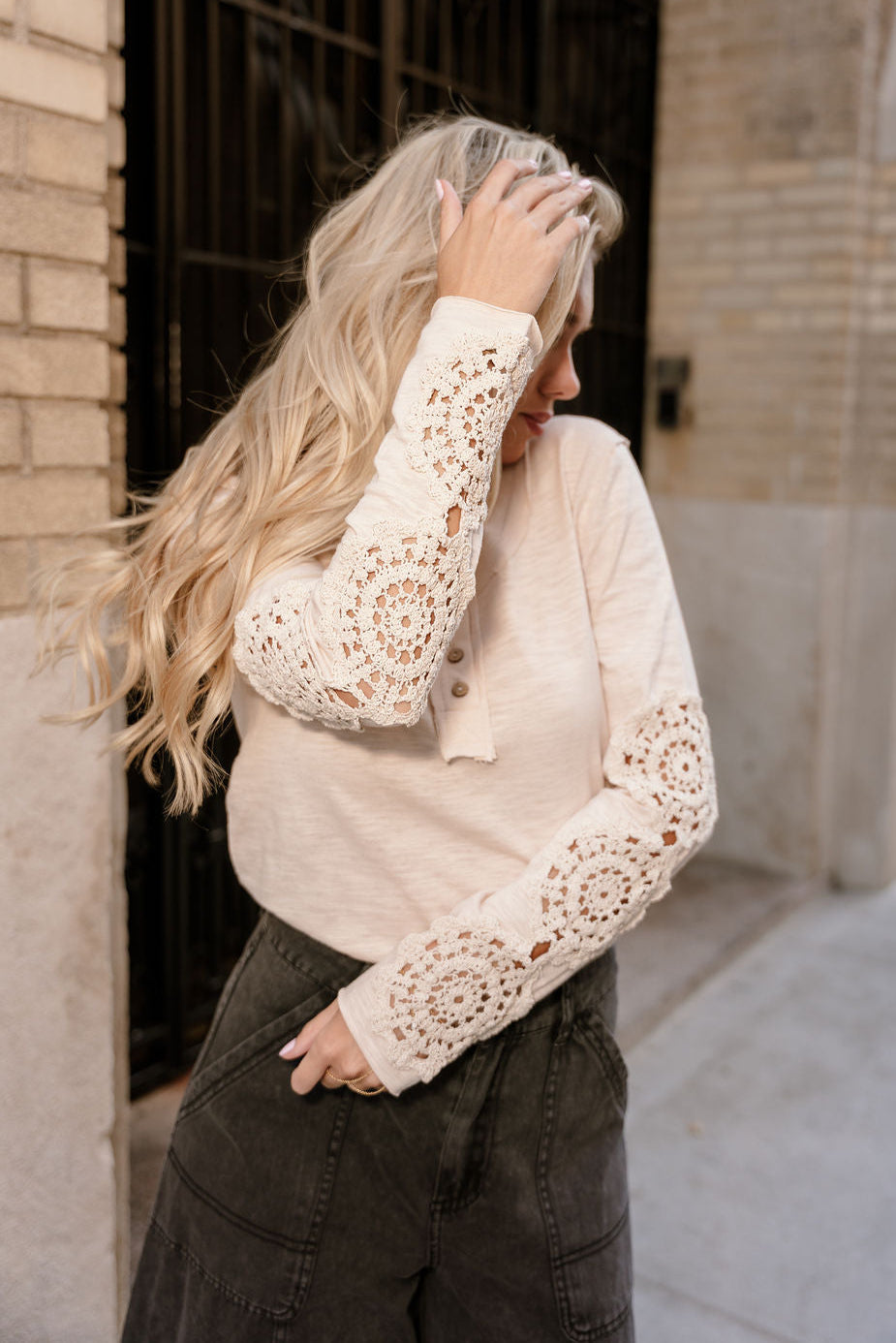 Freya Taupe Crochet Long Sleeves Top- close up top view