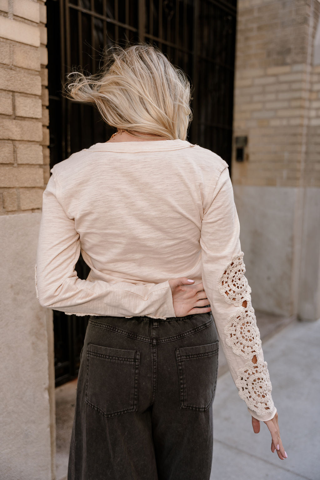 Freya Taupe Crochet Long Sleeves Top- top back view
