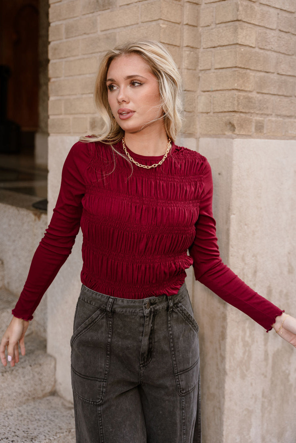 Milani Burgundy Smocked Top- front top view