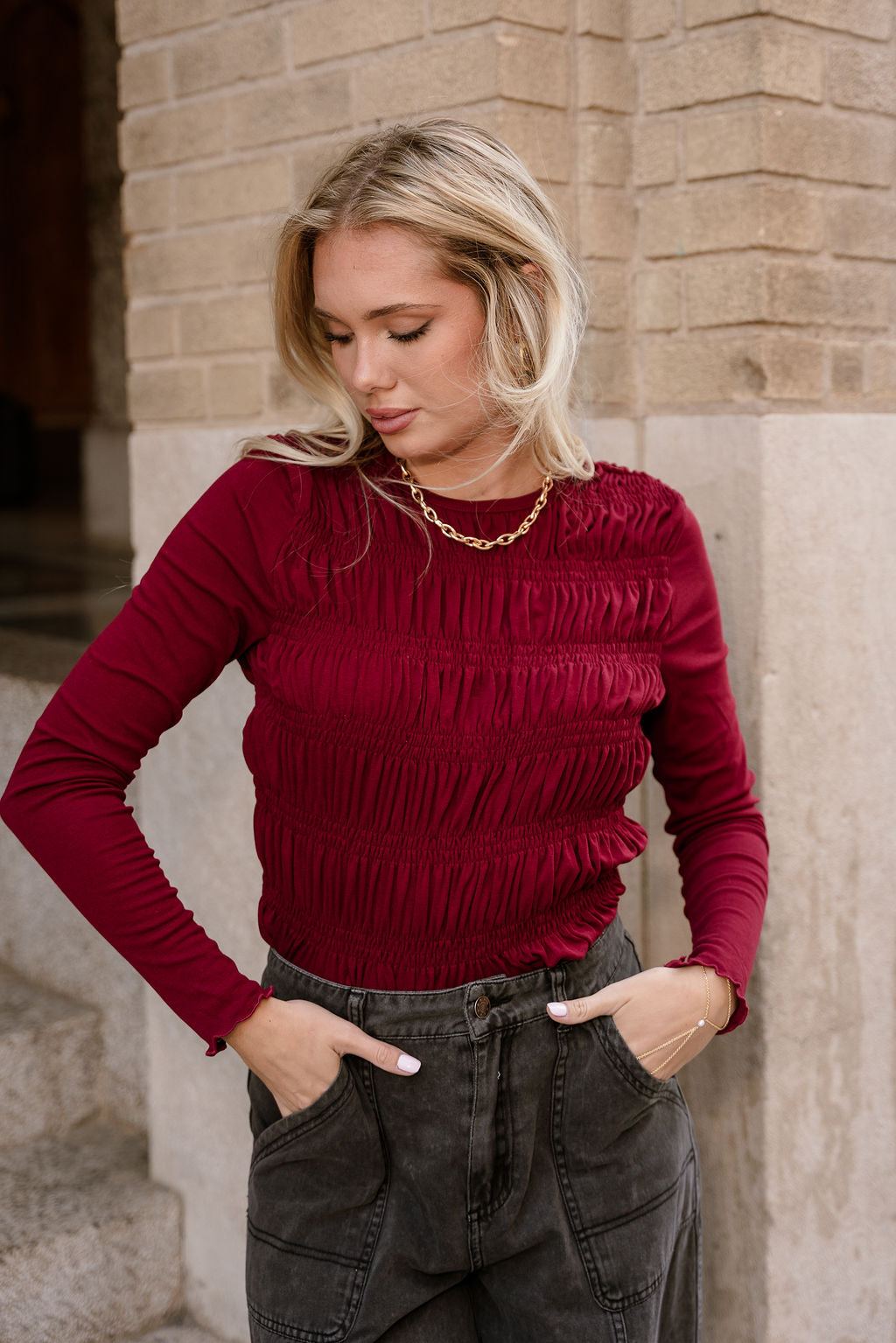 Milani Burgundy Smocked Top- close up top view