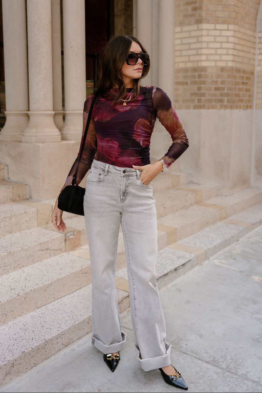 Romina Fuchsia Multi Floral Mesh Top- full body view