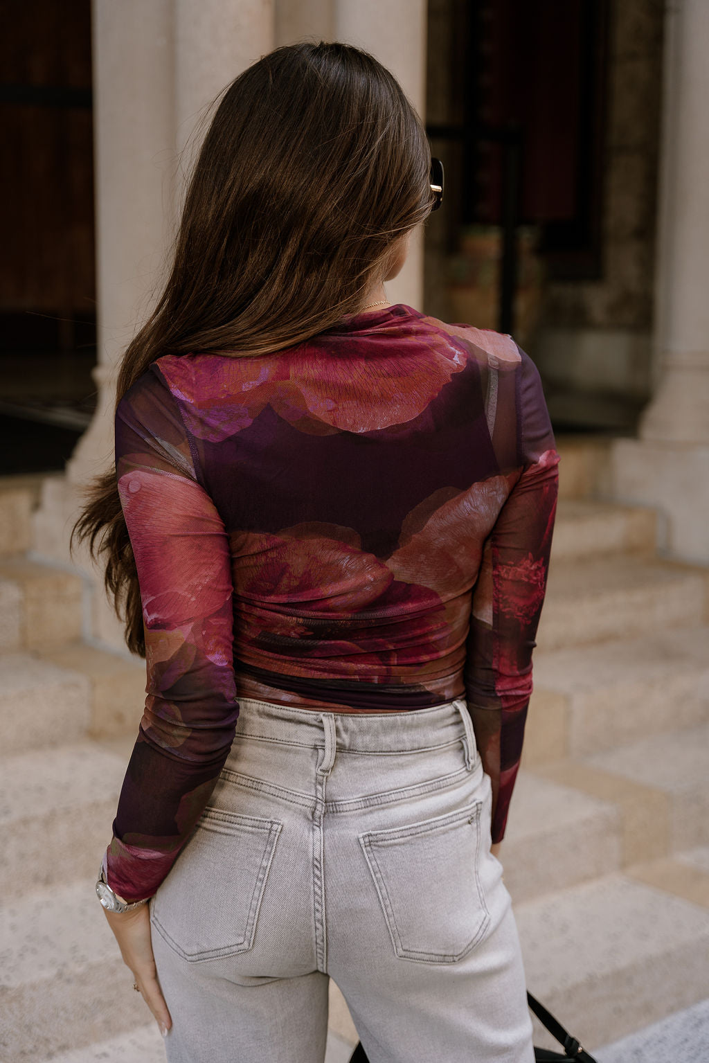 Romina Fuchsia Multi Floral Mesh Top- close up back view