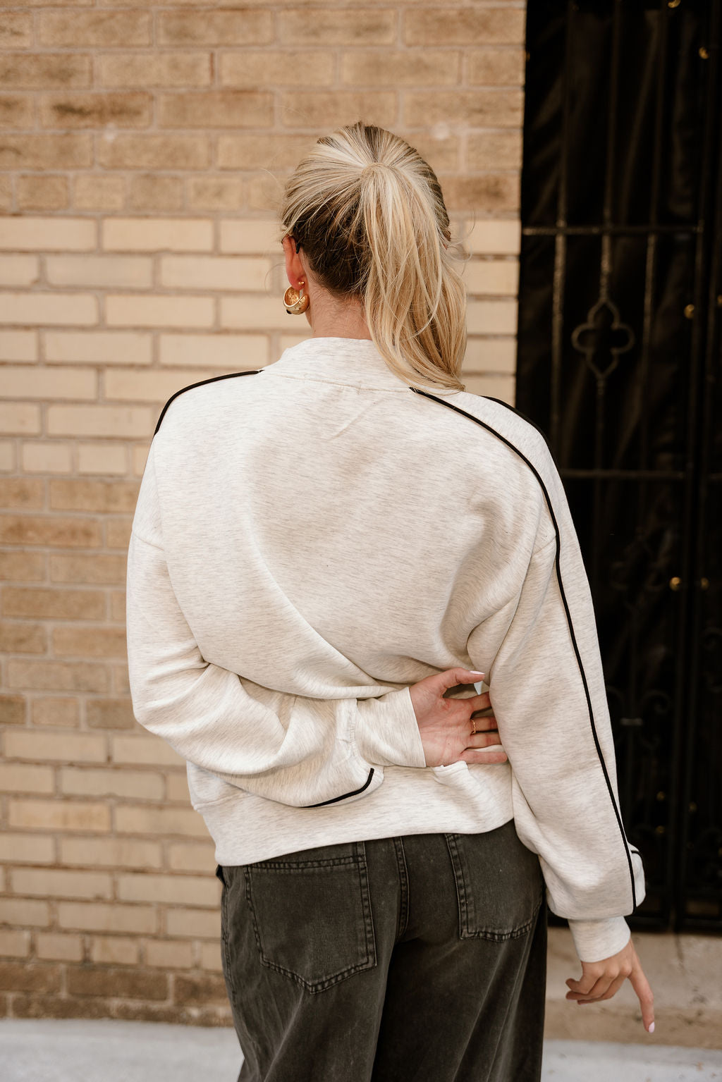Murphy Heather Grey & Black Sweatshirt- close up back view