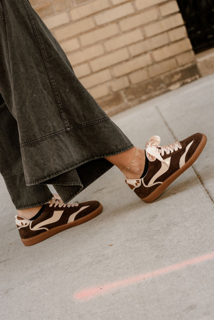 Dolce Vita Notice Chocolate Corduroy Sneaker- side view on model