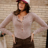 Aleena Washed Mocha Ribbed Top- close up top view
