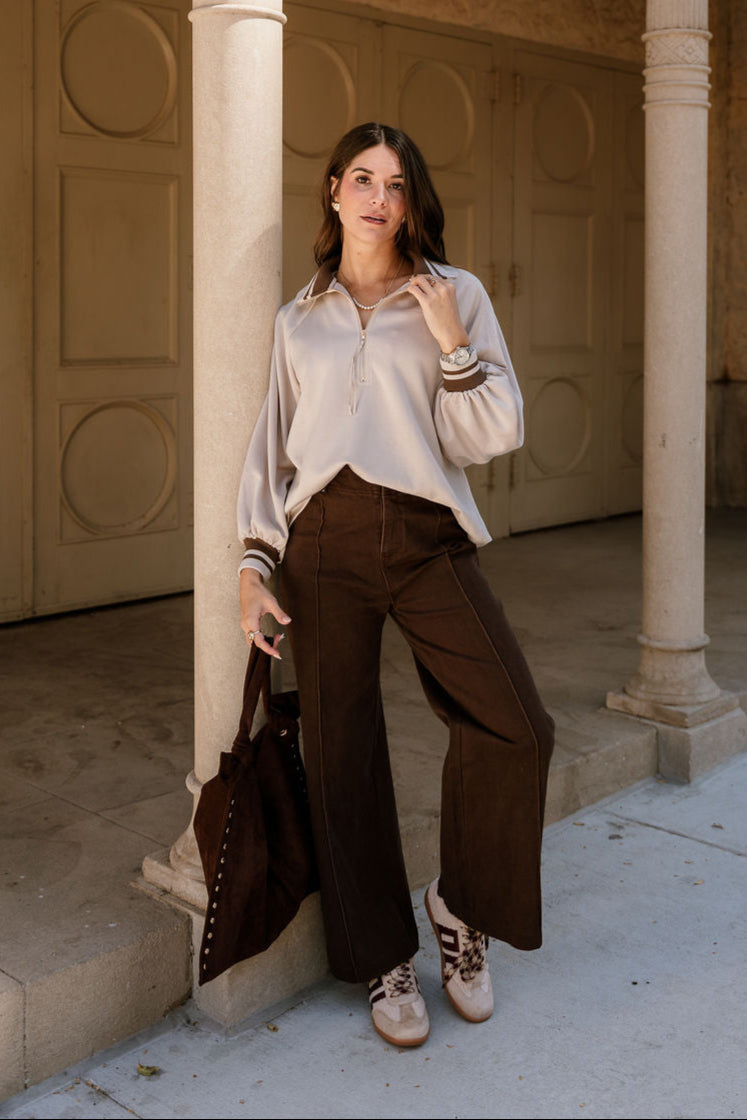 Dalia Beige Quarter Zip-Up Top- full body view