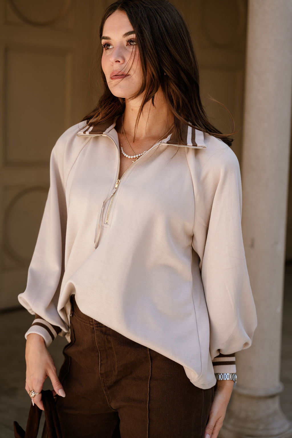 Dalia Beige Quarter Zip-Up Top- frontal side view