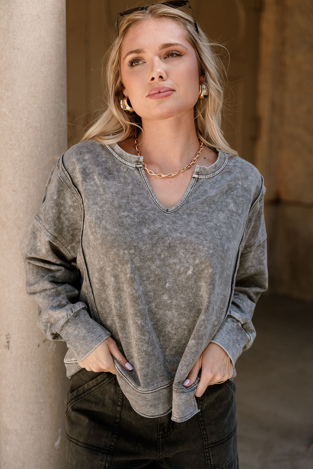 Leila Washed Black Long Sleeve Top- front view