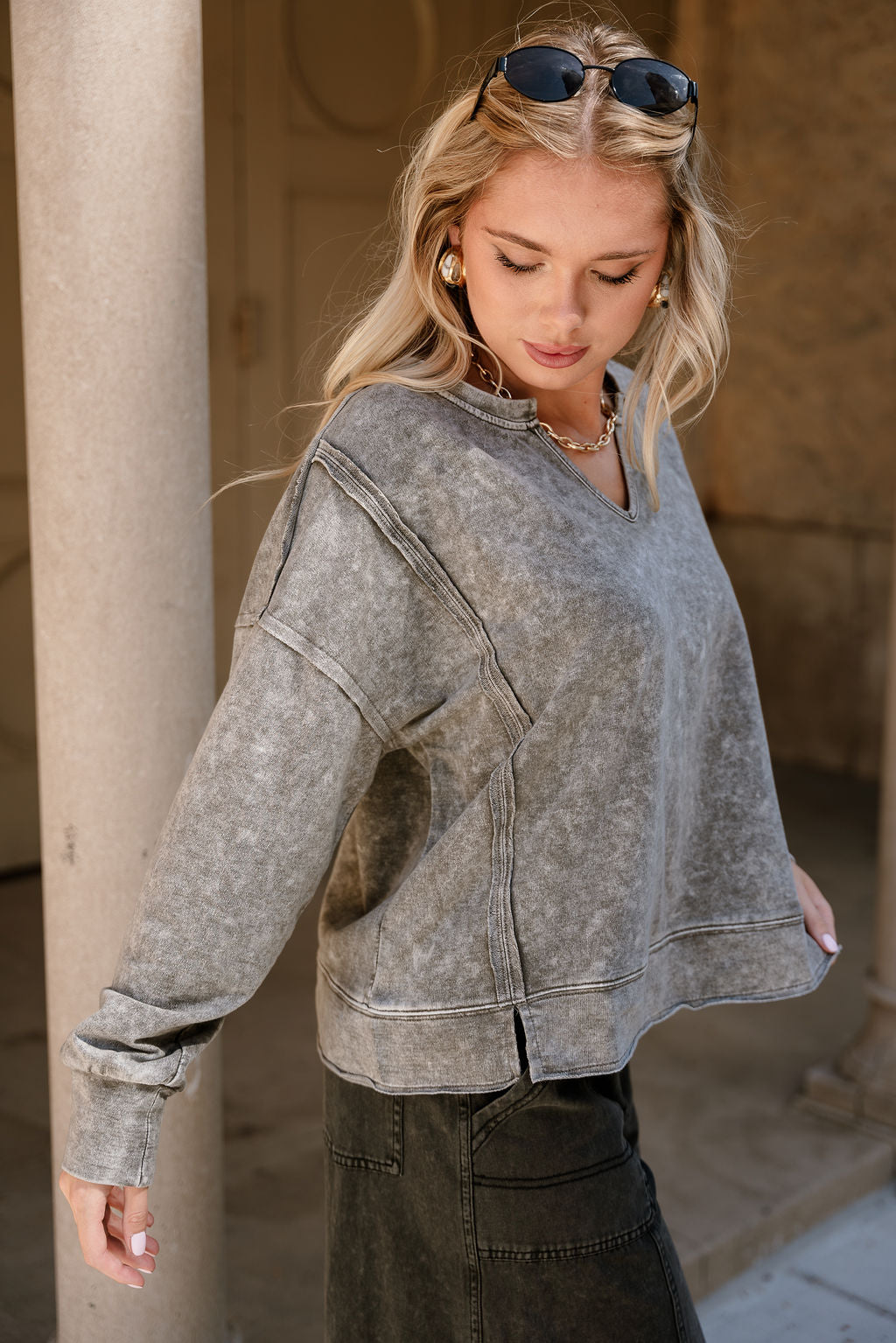Leila Washed Black Long Sleeve Top- side view