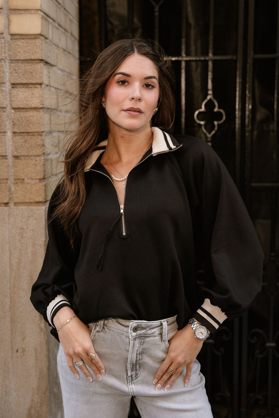 Dalia Black Quarter Zip-Up Top- close up top view