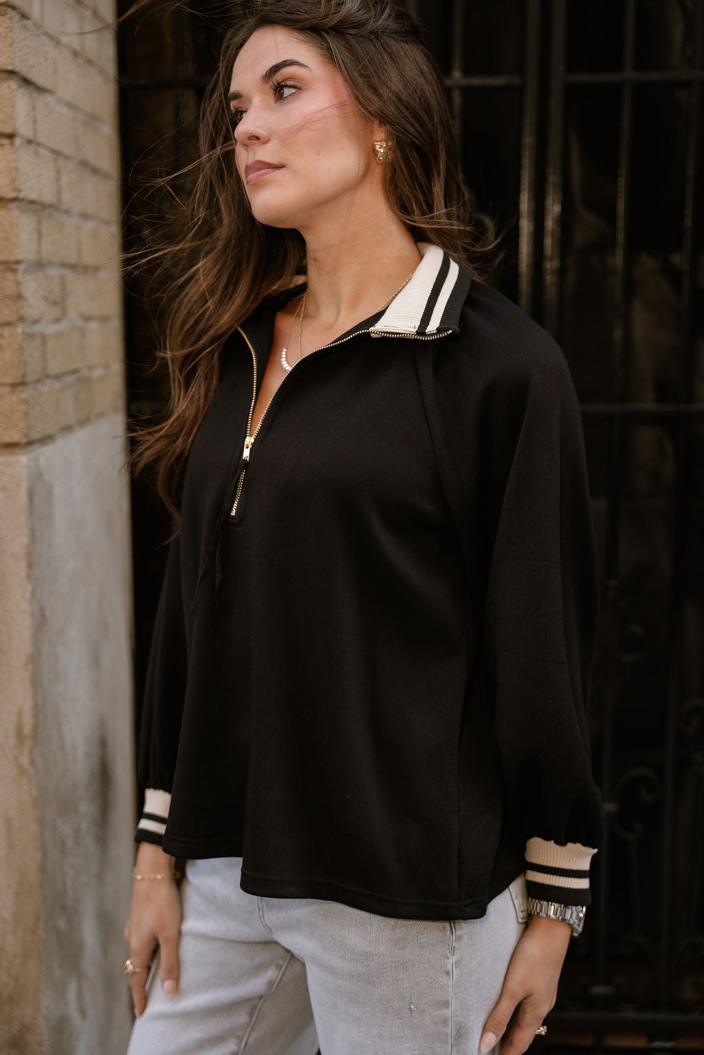 Dalia Black Quarter Zip-Up Top- frontal side view