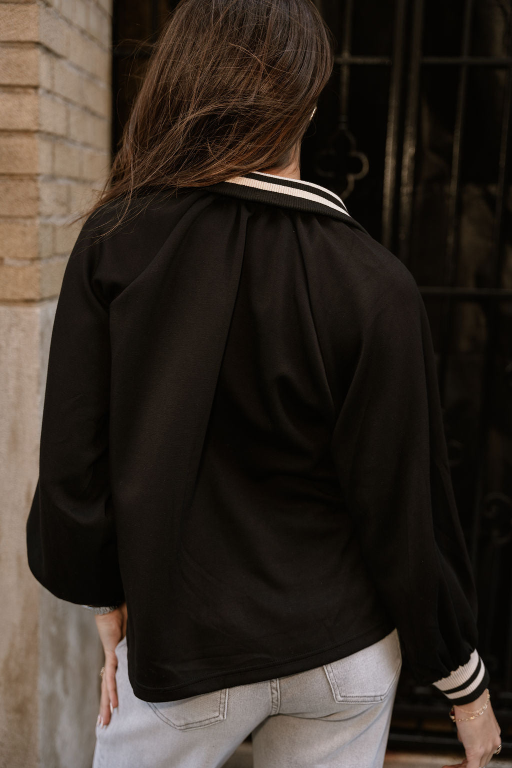 Dalia Black Quarter Zip-Up Top- close up top back view