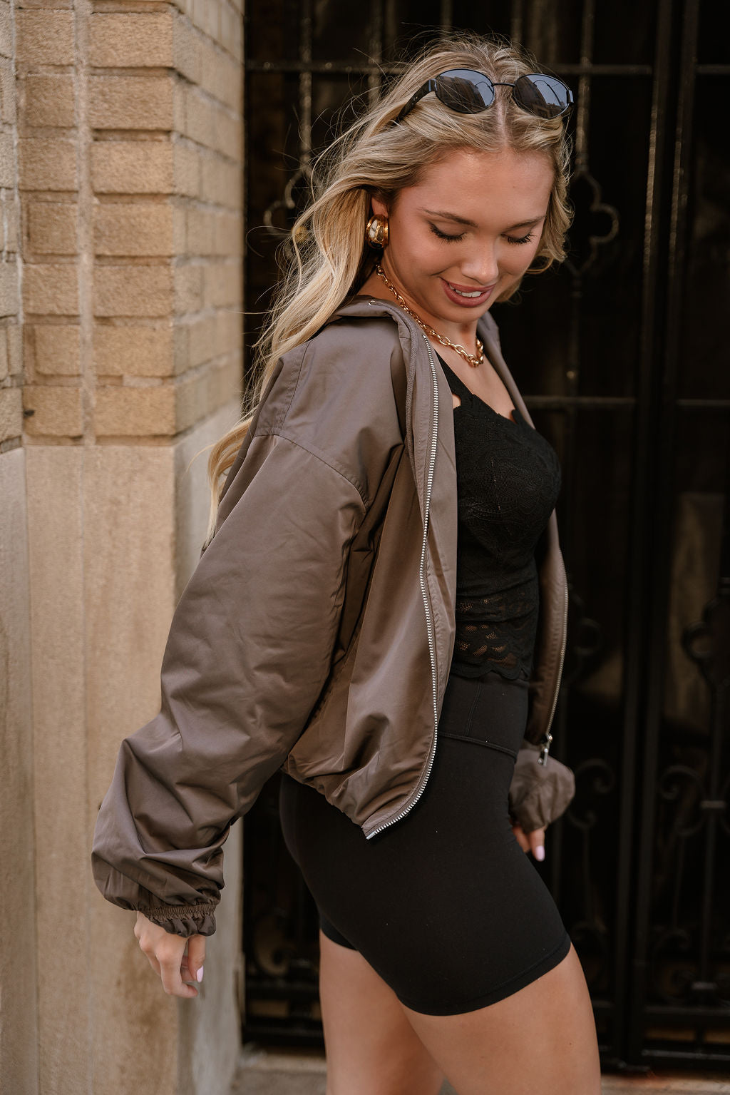 Alessia Cocoa Brown Hoodie Bomber Jacket- frontal side view