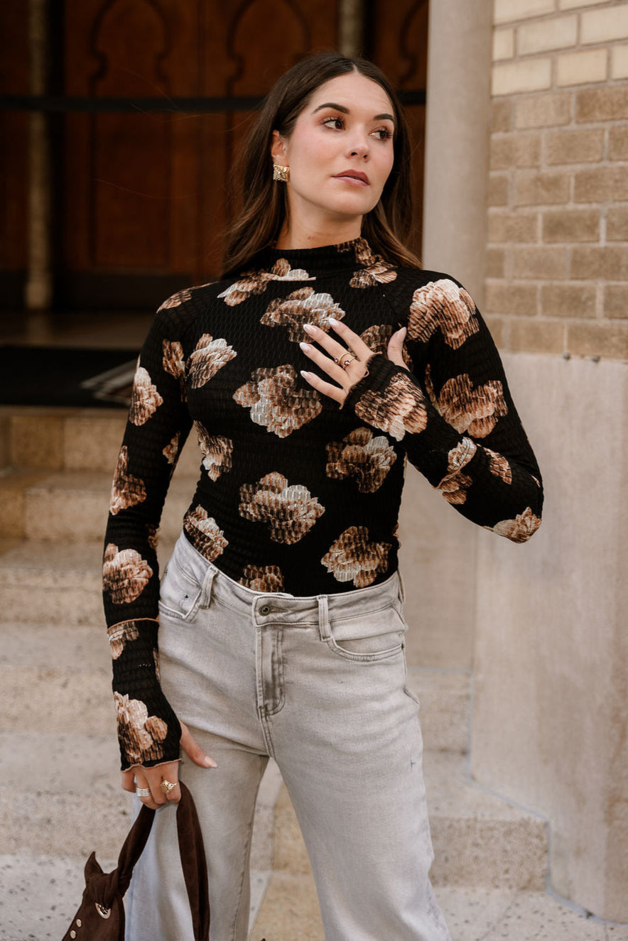 Destiny Black & Taupe Floral Smocked Top- front view