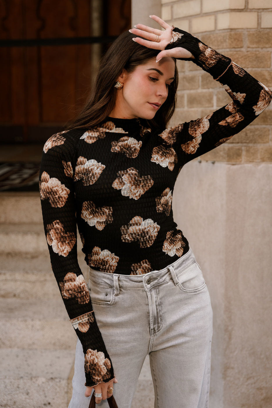 Destiny Black & Taupe Floral Smocked Top- front top view