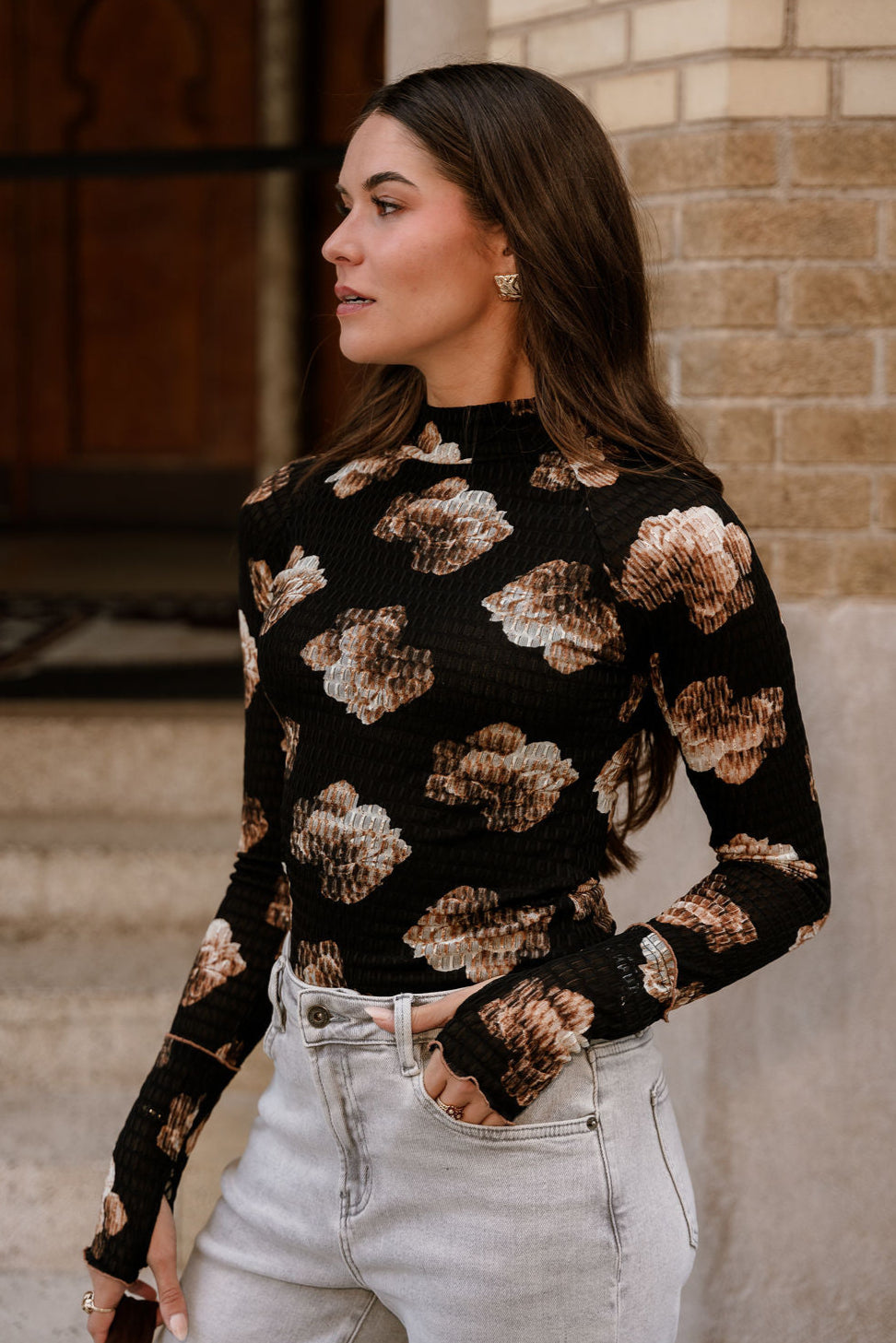 Destiny Black & Taupe Floral Smocked Top- frontal side view